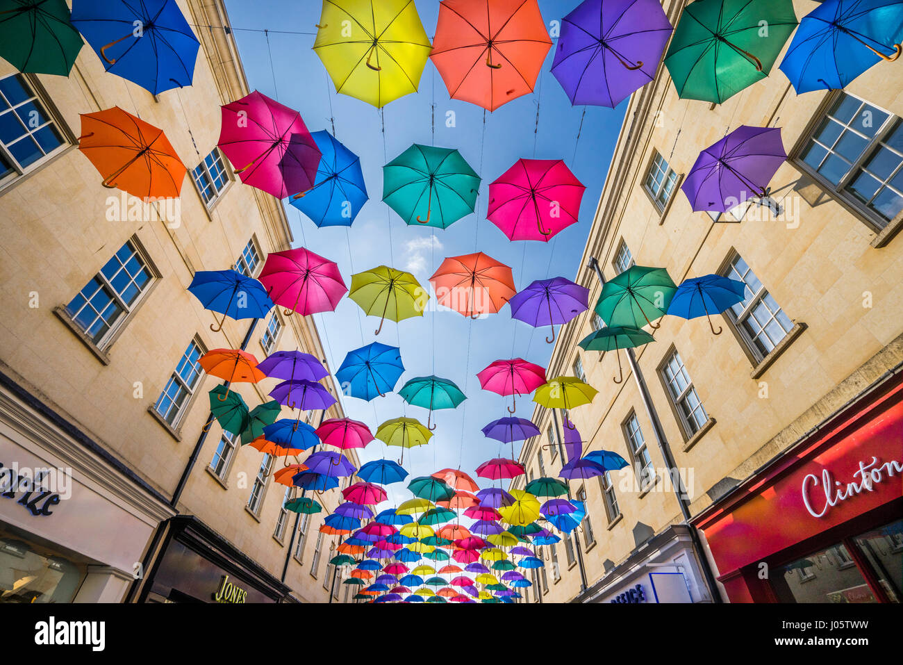 United Kingdom, Somerset, Bath, SouthGate shopping centre, hundreds of suspended coloured umbrellas at Southgate Street Stock Photo