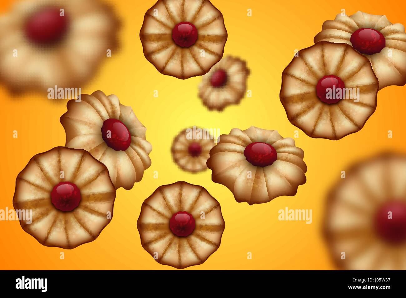 Buttery cookies with red jam orange and yellow background. Defocused