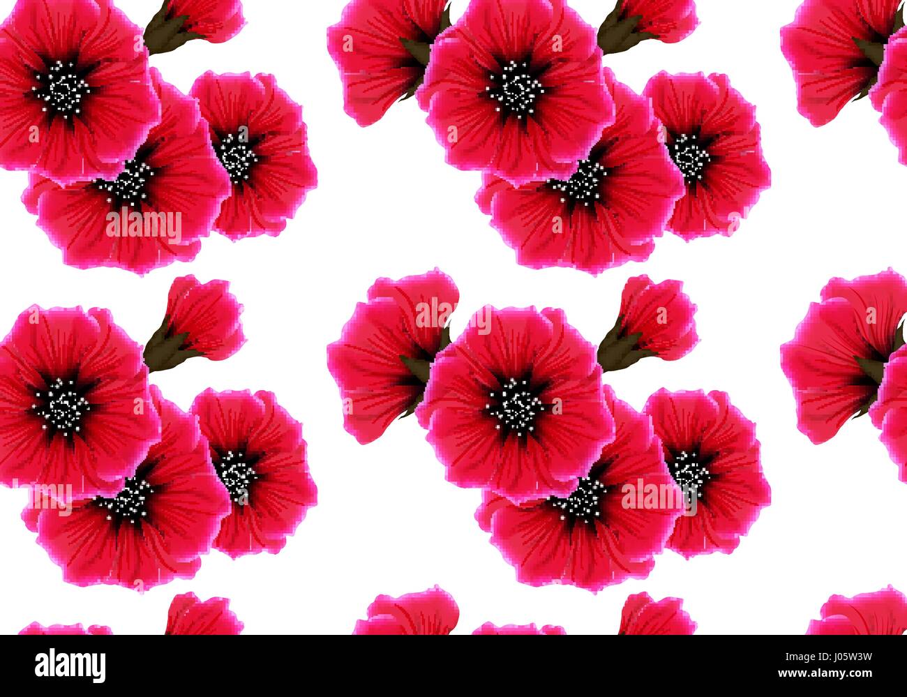 Floral seamless pattern with red flower and pink petal on white. Bright vivid color repeating passion background. Wrapping paper or cloth design. Stock Vector