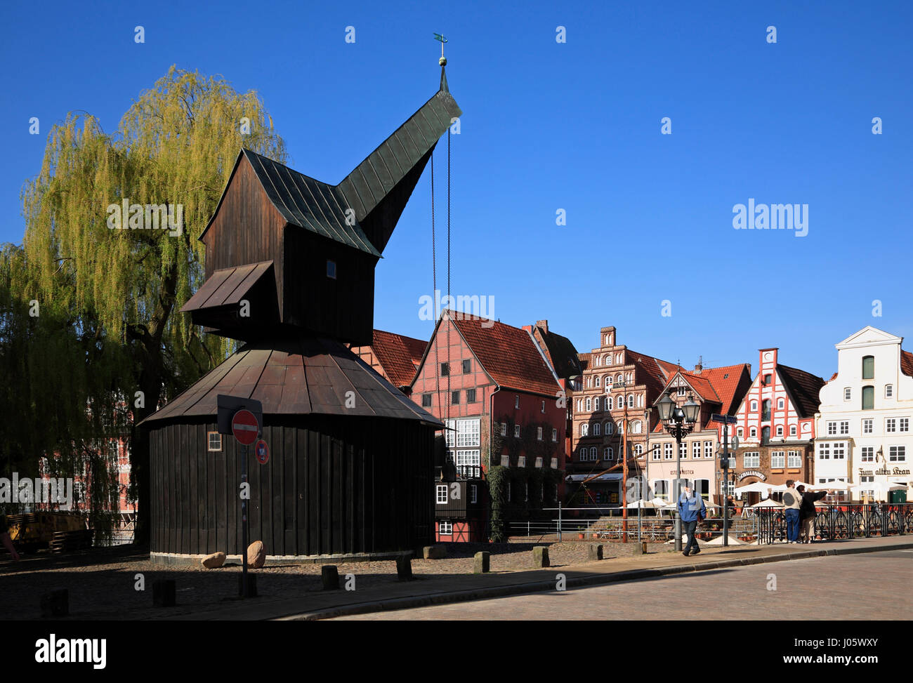 OLd wooden Crane at river Ilmenau, Lüneburg, Lueneburg, Lower Saxony, Germany Stock Photo