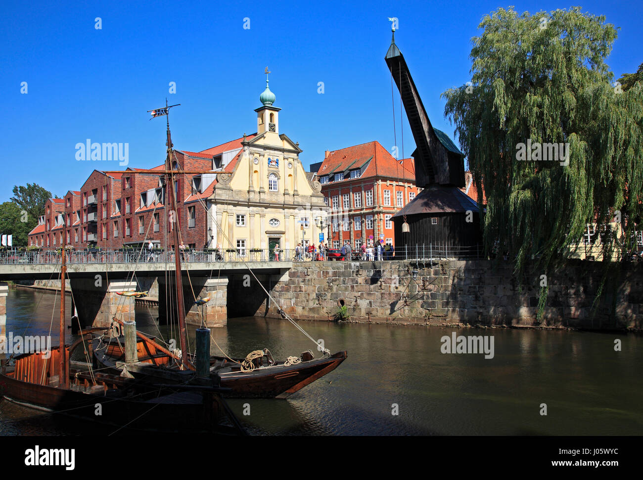 OLd wooden Crane at river Ilmenau, Lüneburg, Lueneburg, Lower Saxony, Germany Stock Photo