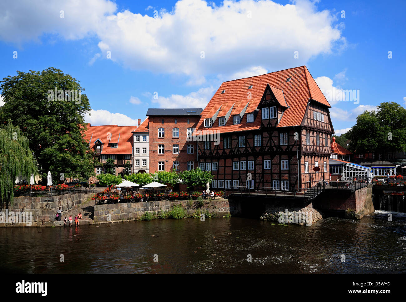 Restaurant LUENER MUEHLE at river Ilmenau, Lüneburg, Lueneburg, Lower Saxony, Germany Stock Photo