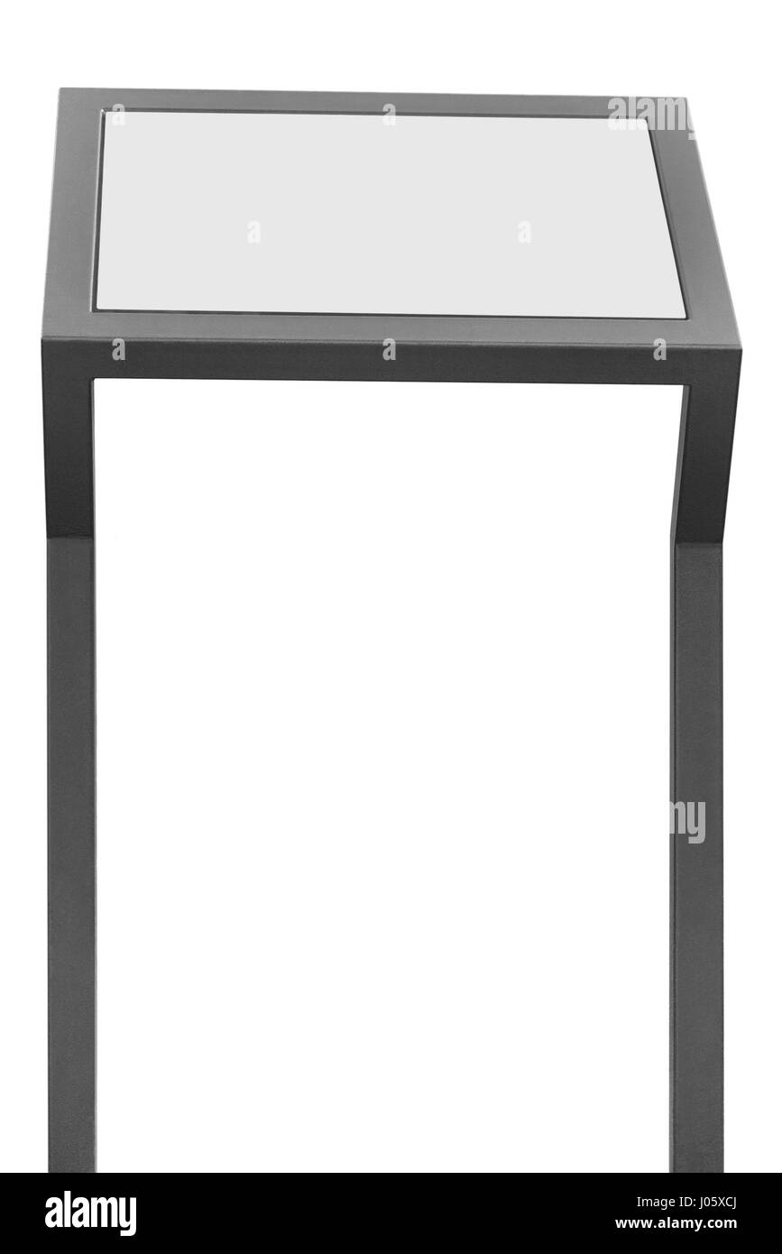 Info display stand, grey metal rack info board, isolated white