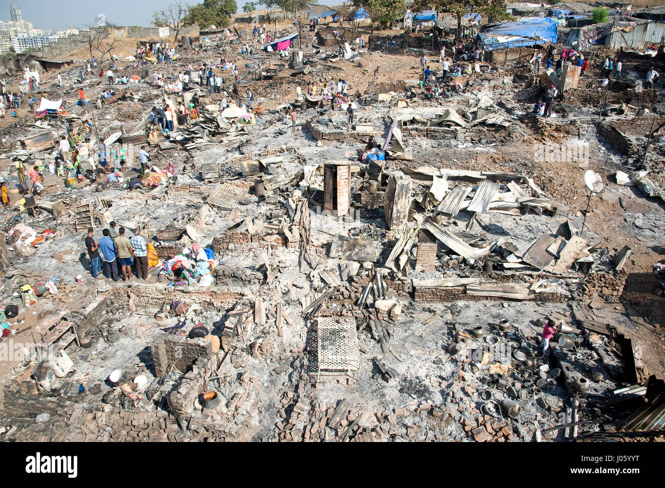 Slum destroyed in fire, damu nagar, kandivali, mumbai, maharashtra, india, asia Stock Photo