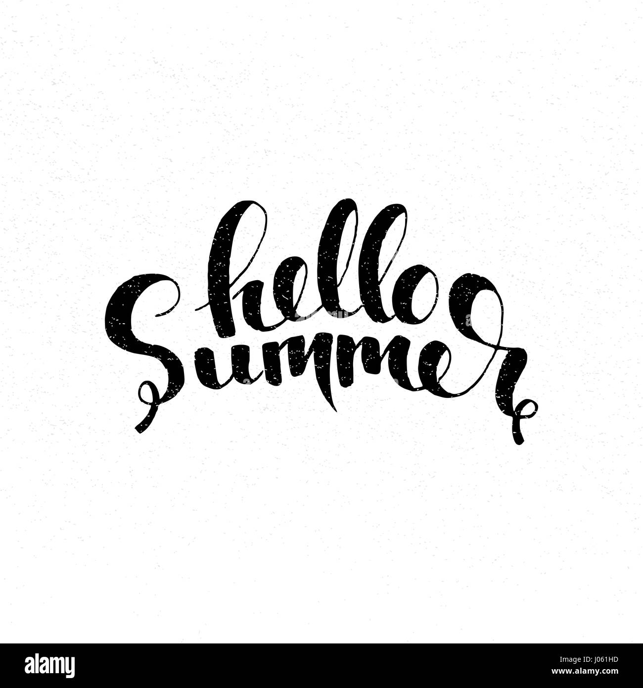 Hello Summer handwritten lettering. Modern vector hand drawn calligraphy with grunge overlay texture over white background Stock Vector