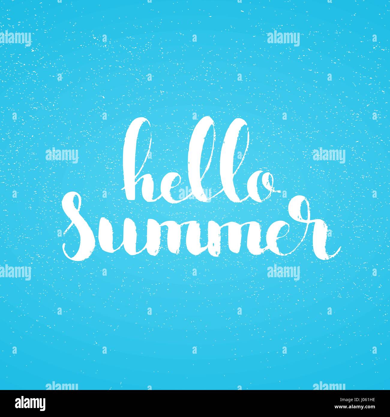 Hello Summer handwritten lettering. Modern vector hand drawn calligraphy with grunge overlay texture over light blue background Stock Vector