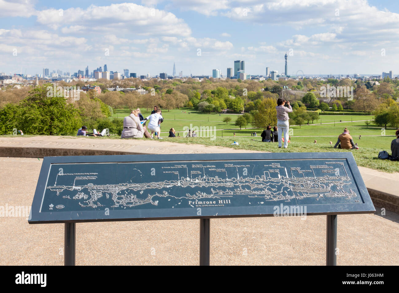 Viewing or observation point showing an outline, information and details of the view of the London skyline from Primrose Hill, London, England, UK Stock Photo