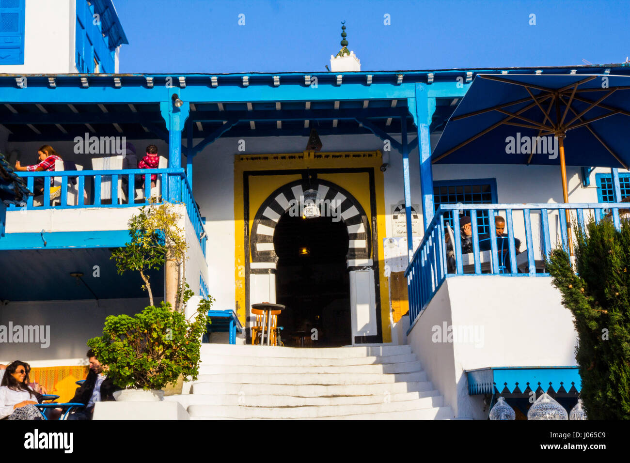 All white with blue trim, the Moorish (or possibly Greek) inspired hilltop town of Sidi Bou Said is an artist colony and popular tourist haunt just no Stock Photo