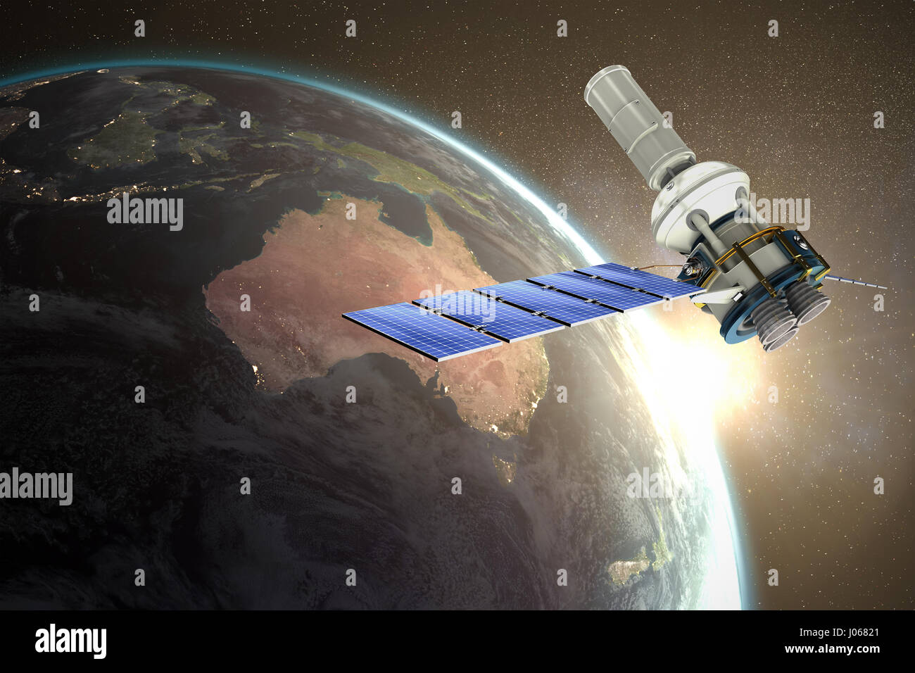 3d image of modern solar satellite against aerial view of the earth