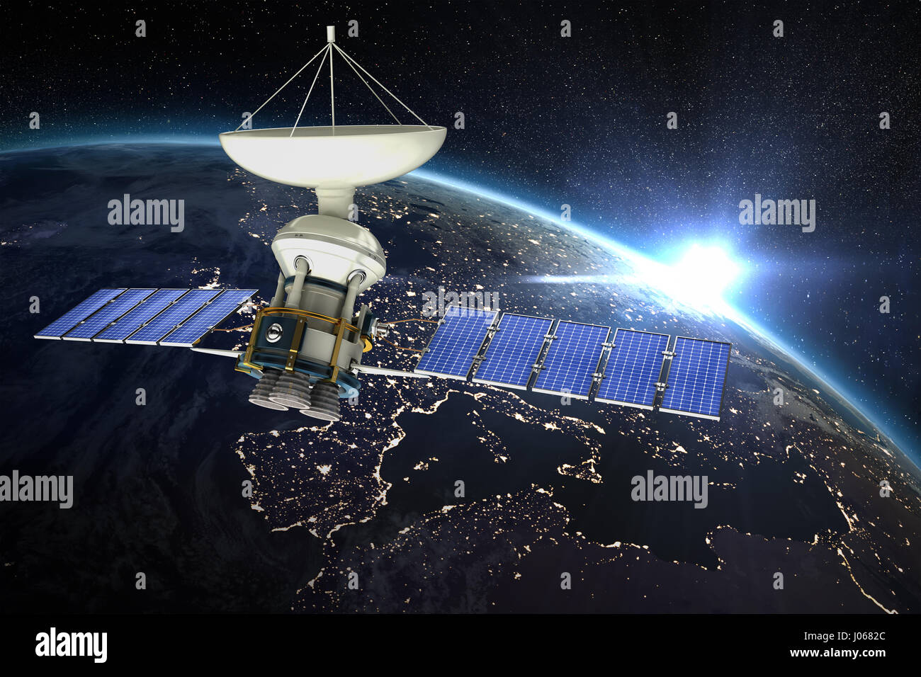 Digitally generated image ofÃ‚Â 3d solar power satellite against aerial ...