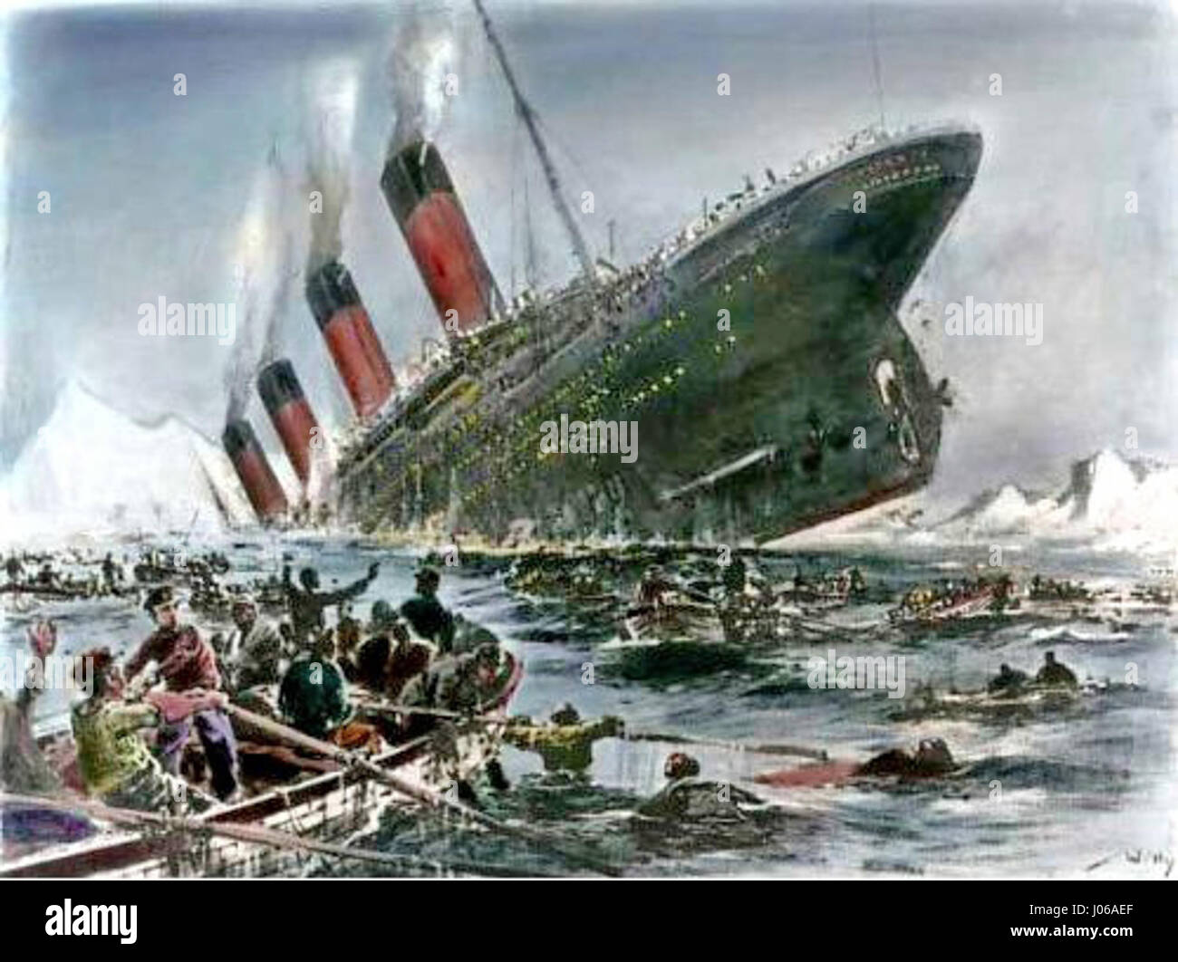 This colorized image of the Titanic by Stöwer captures the grandeur of the ill-fated ship. Known for its dramatic portrayal of the Titanic’s last voyage, Stöwer’s work emphasizes the magnitude of the ship’s scale and the tragic events surrounding its sinking. The colorization adds a fresh perspective to the historic event. Stock Photo