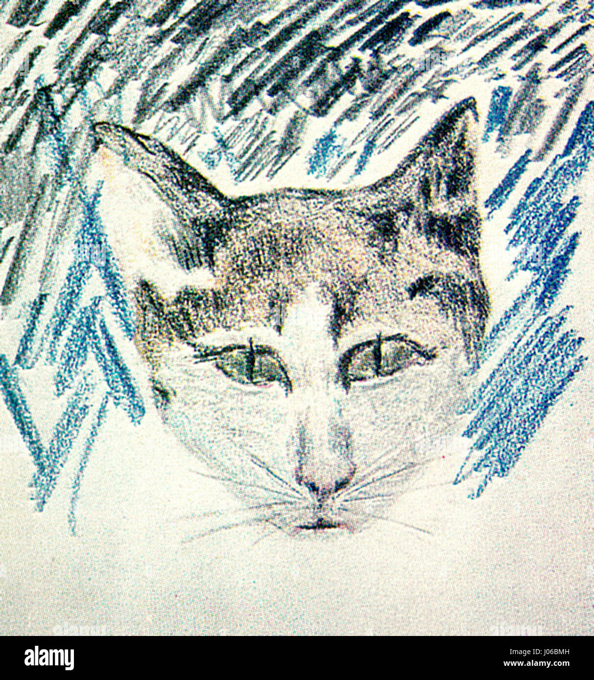 This colored pencil drawing by Romanian artist George Topârceanu depicts a cat in a realistic and charming manner. Topârceanu is known for his ability to capture the natural essence and playful character of animals, and this piece highlights his skill in creating lifelike animal portraits. Stock Photo