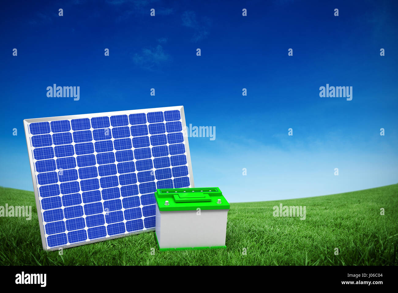 Vector image of 3d solar panel with battery against green field under ...