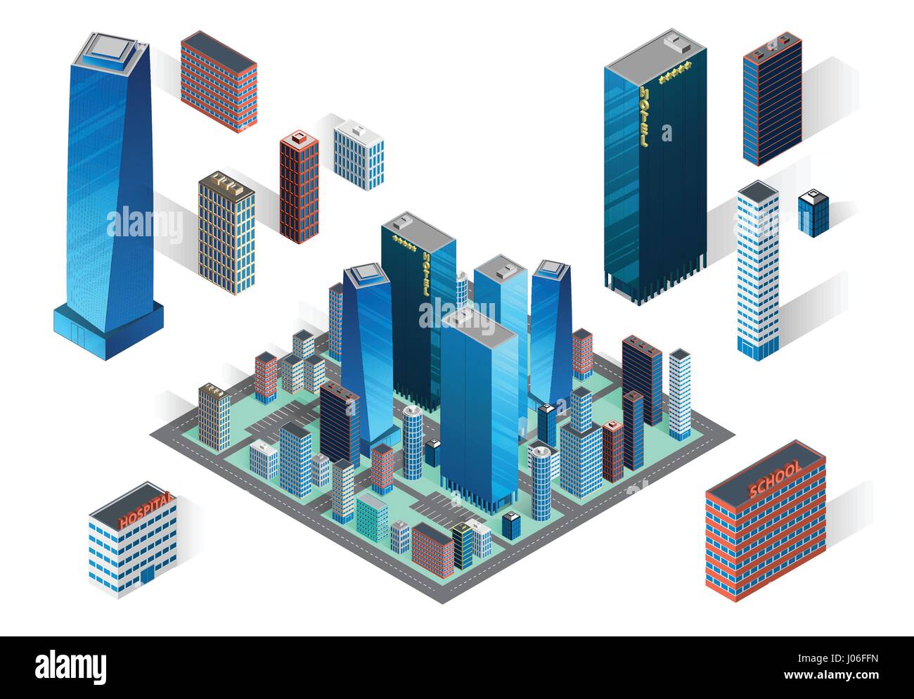 Vector illustration. Modern district. Big city street isometric buildings. Skyscrapers icons on white background. Hotel, business center and houses. Stock Vector