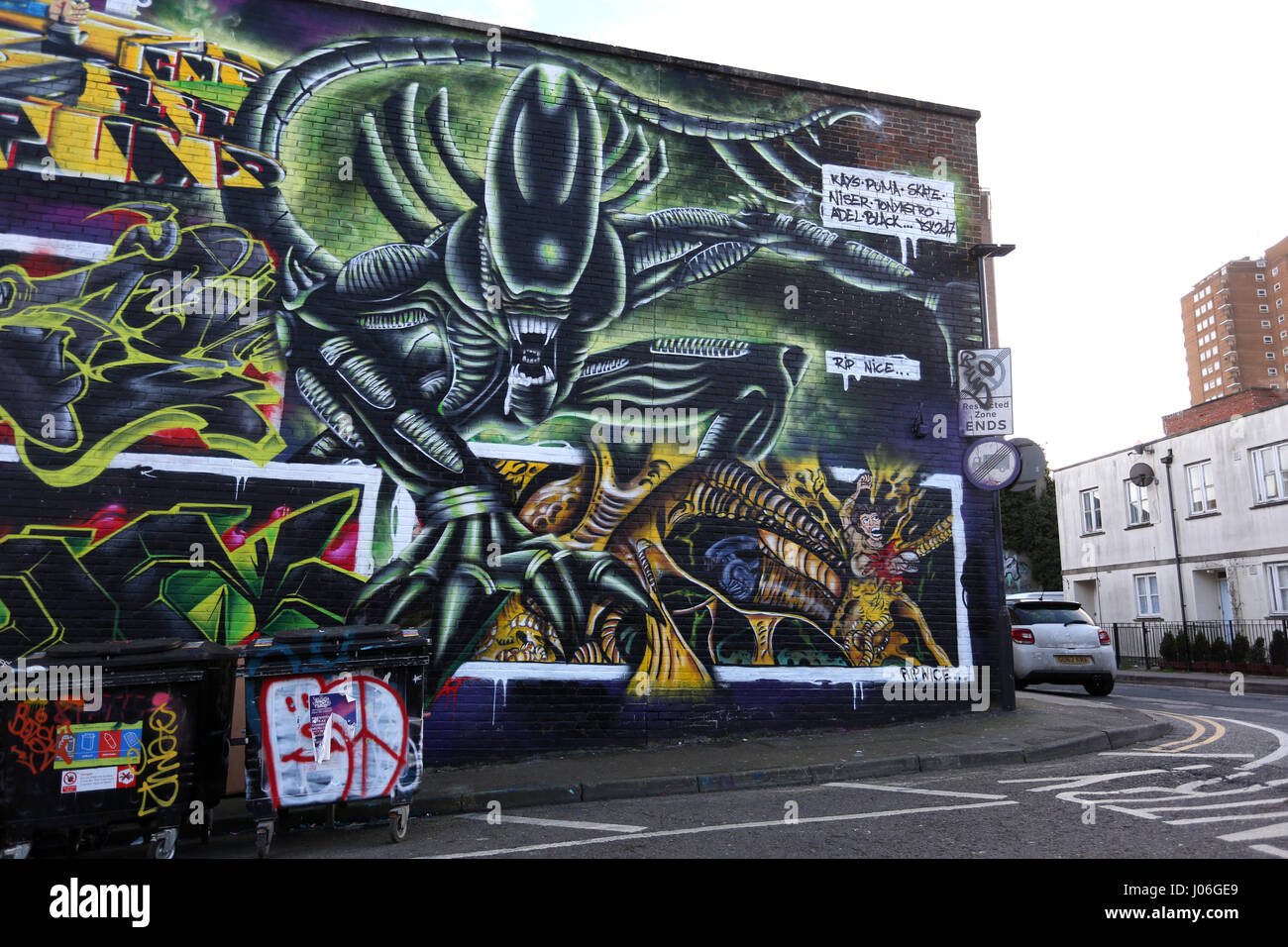 Graffiti in the style of the Alien movies in Brighton, East Sussex, UK. Stock Photo