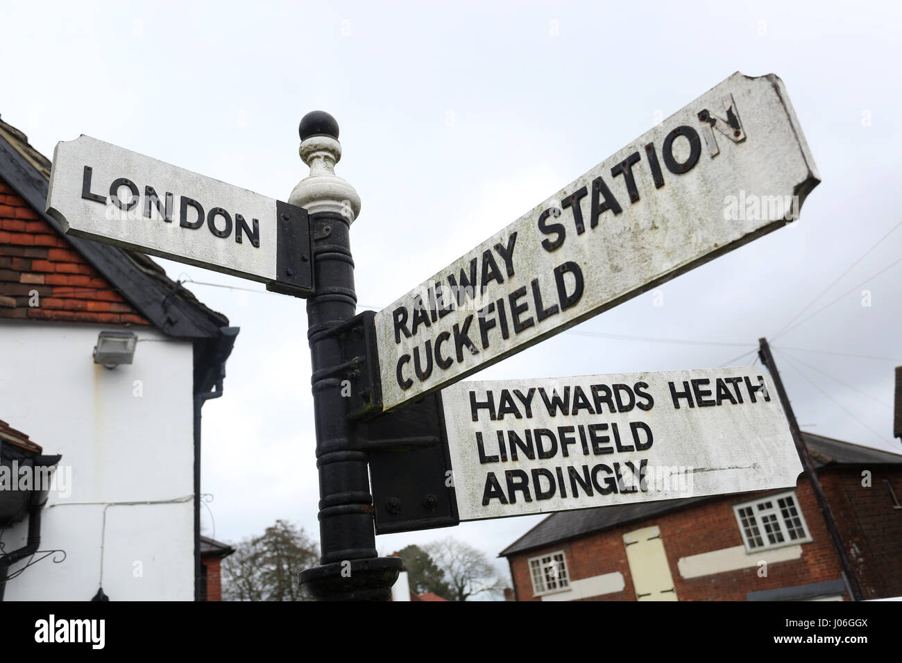 Directions to London on a road sign in Balcombe, East Sussex, UK. Stock Photo