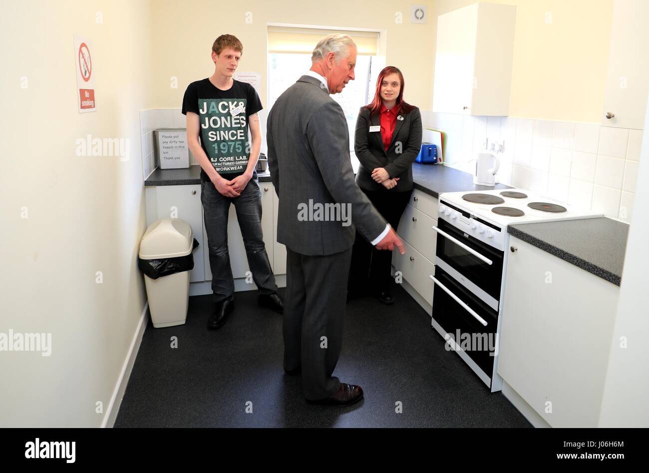 The Prince of Wales meets staff as he opens the new Whitehaven Foyer, a charity partnership which provides accommodation and support services to local young people in housing need during a visit to Whitehaven in Cumbria. Stock Photo
