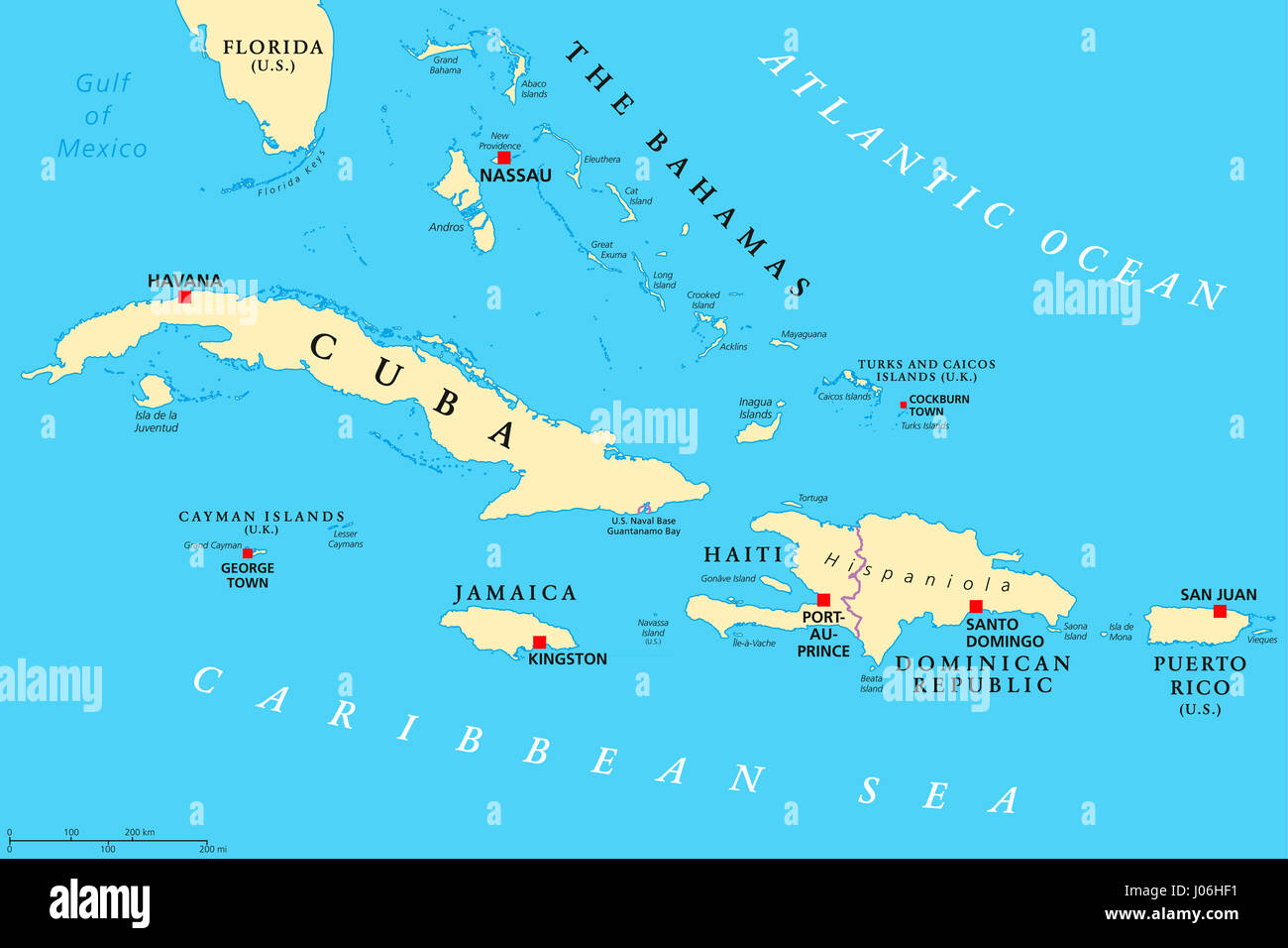 Greater Antilles political map. Caribbean. Cuba, Jamaica, Haiti, Dominican Republic, Puerto Rico, Cayman Islands, The Bahamas, Turks And Caicos Isl. Stock Photo