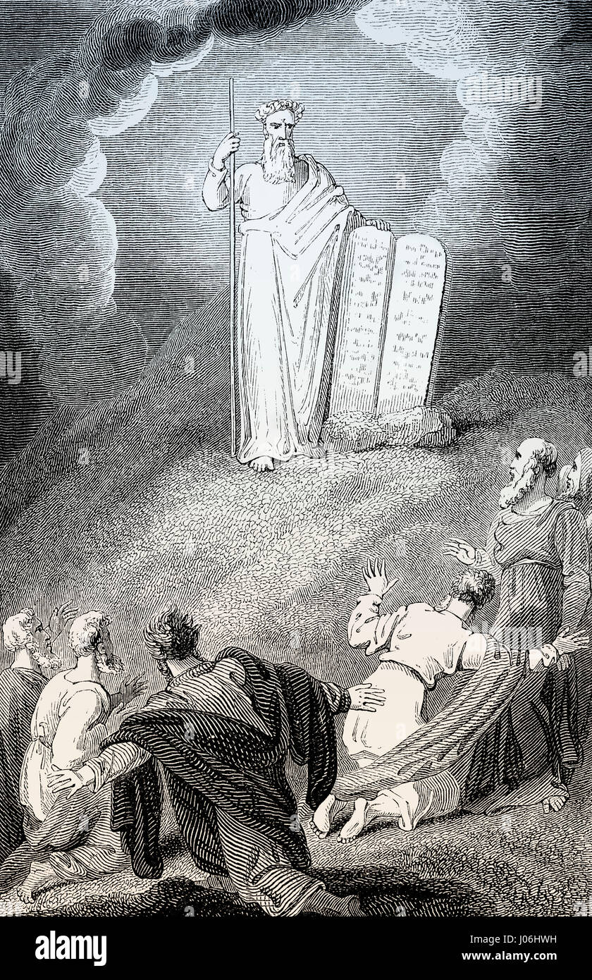 Moses showing the Tables of the Law with the Ten Commandments, Book of Exodus, Old Testament, Hebrew Tanakh Stock Photo