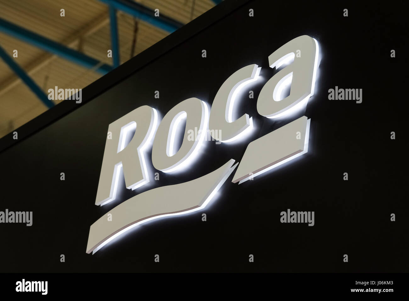 Logo sign of Roca company. Roca is a Spanish producer of sanitary products Stock Photo