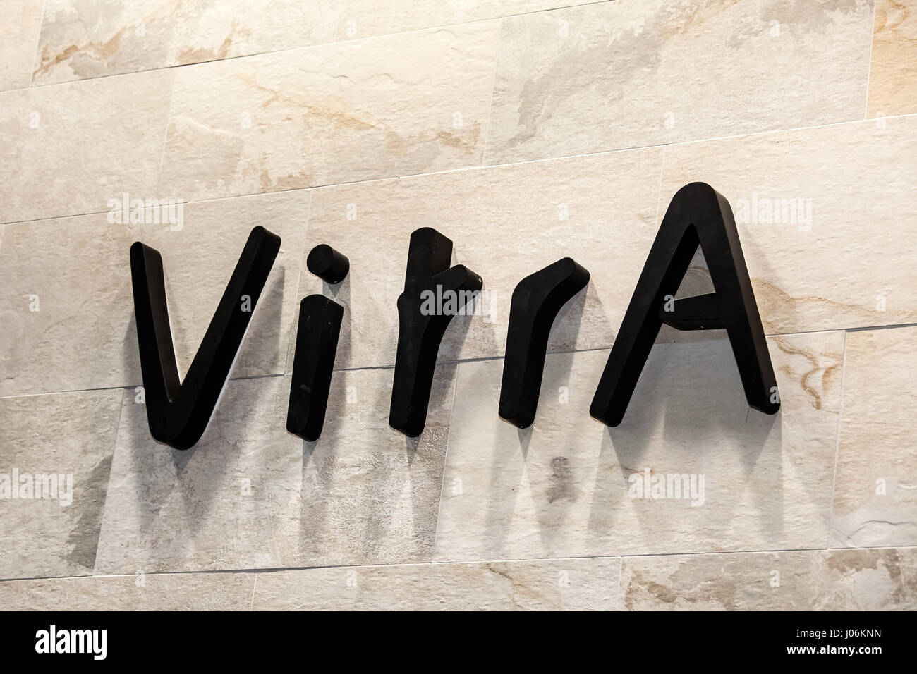 Logo sign of Vitra company. VitrA is a Turkish manufacturer of sanitaryware, bathroom furniture, brassware and ceramic tiles Stock Photo