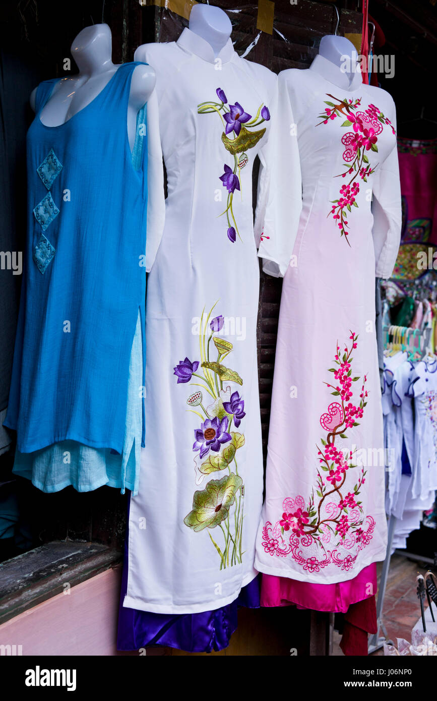 Vertical close up of traditional Vietnamese clothes on sale in Vietnam