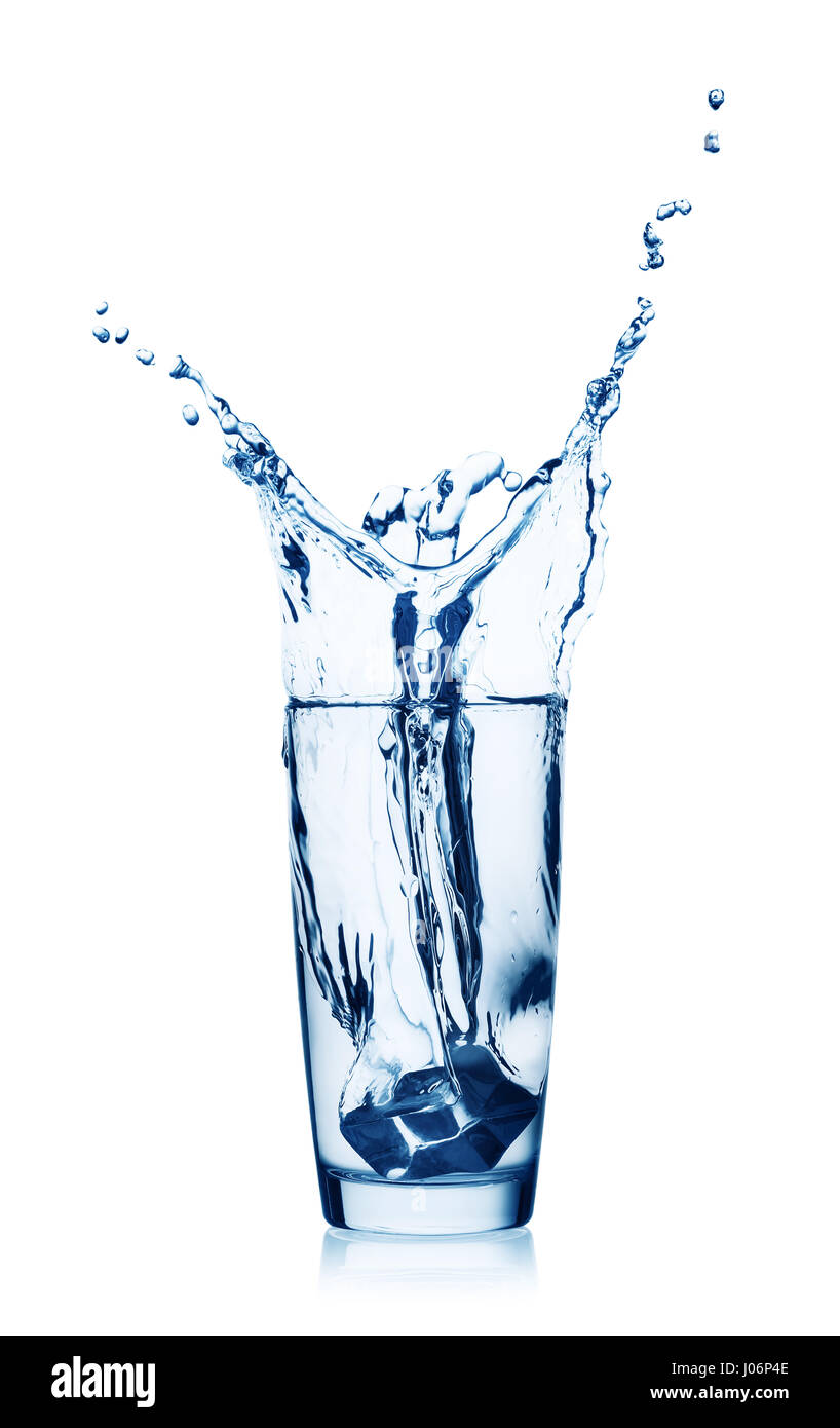 Splash of water in a glass with ice isolated on white background Stock ...