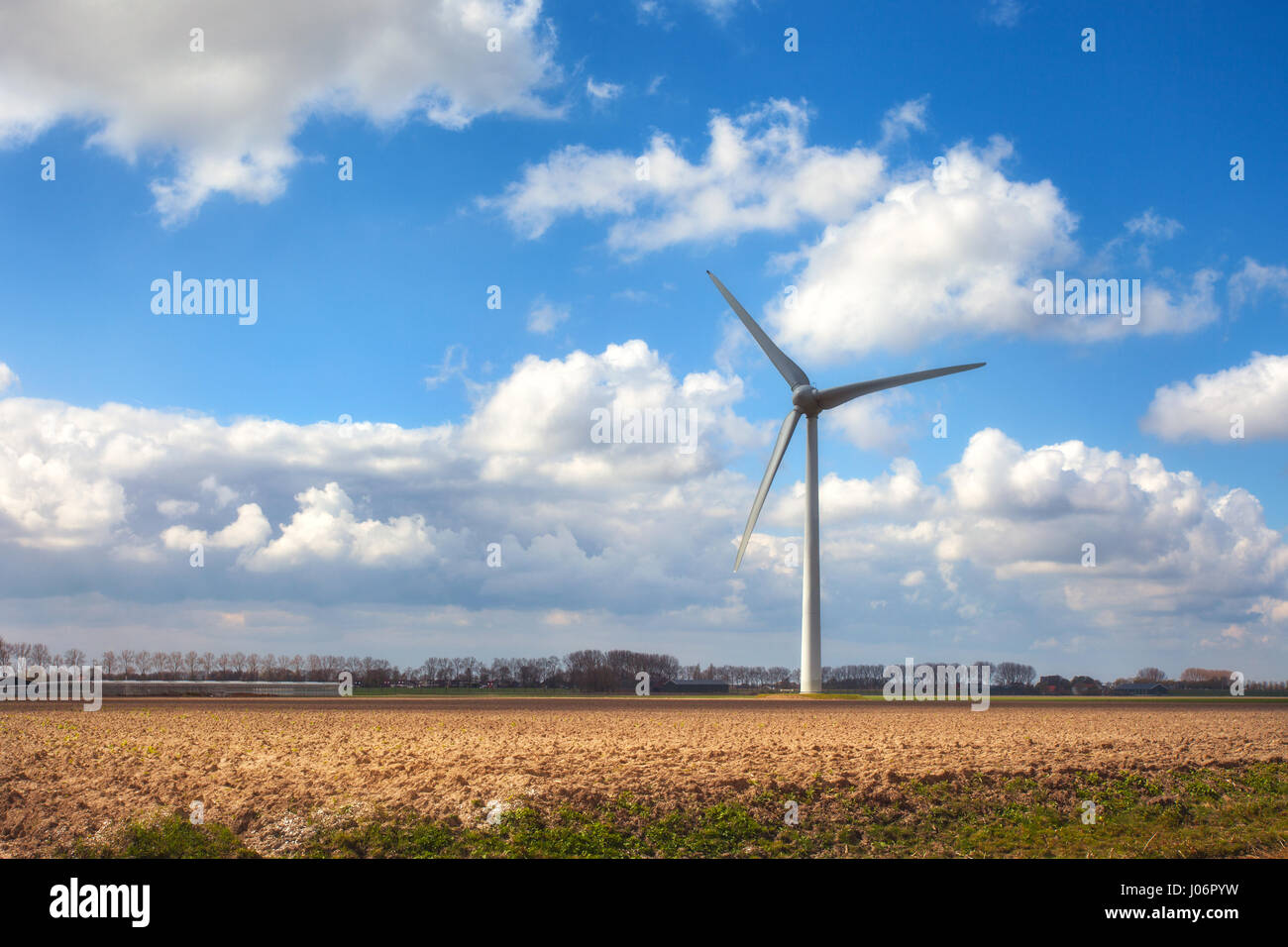 Wind turbines generating electricity. Windmills for electric power production. Landscape with wind mills generating energy on the field and colorful b Stock Photo