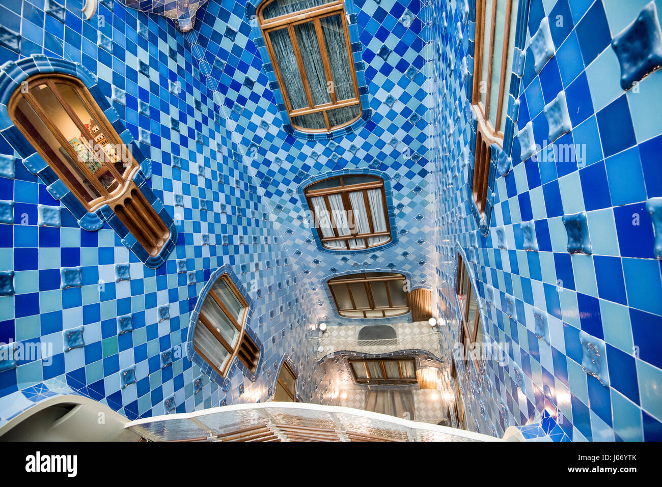 Blue tiled interior courtyard inside Casa Batllo in Barcelona, Spain ...