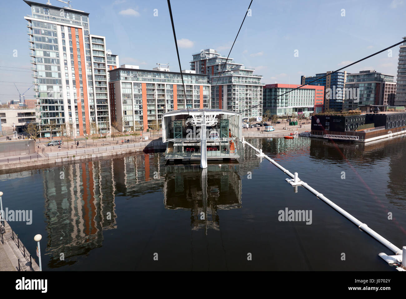 Aerial view of the Emirates Airline Cable Car Terminus in the Royal Victoria Docks, Newham, East London Stock Photo