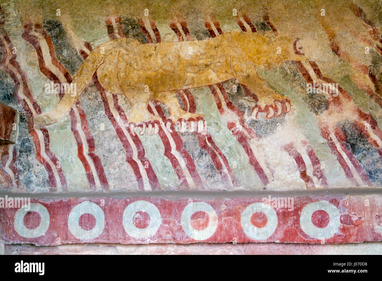 Puma mural, or Jaguar Mural, is located on the Avenue of the Dead, between  The Pyramid of the Sun and The Pyramid of the Moon in San Juan Teotihuacan  Stock Photo -