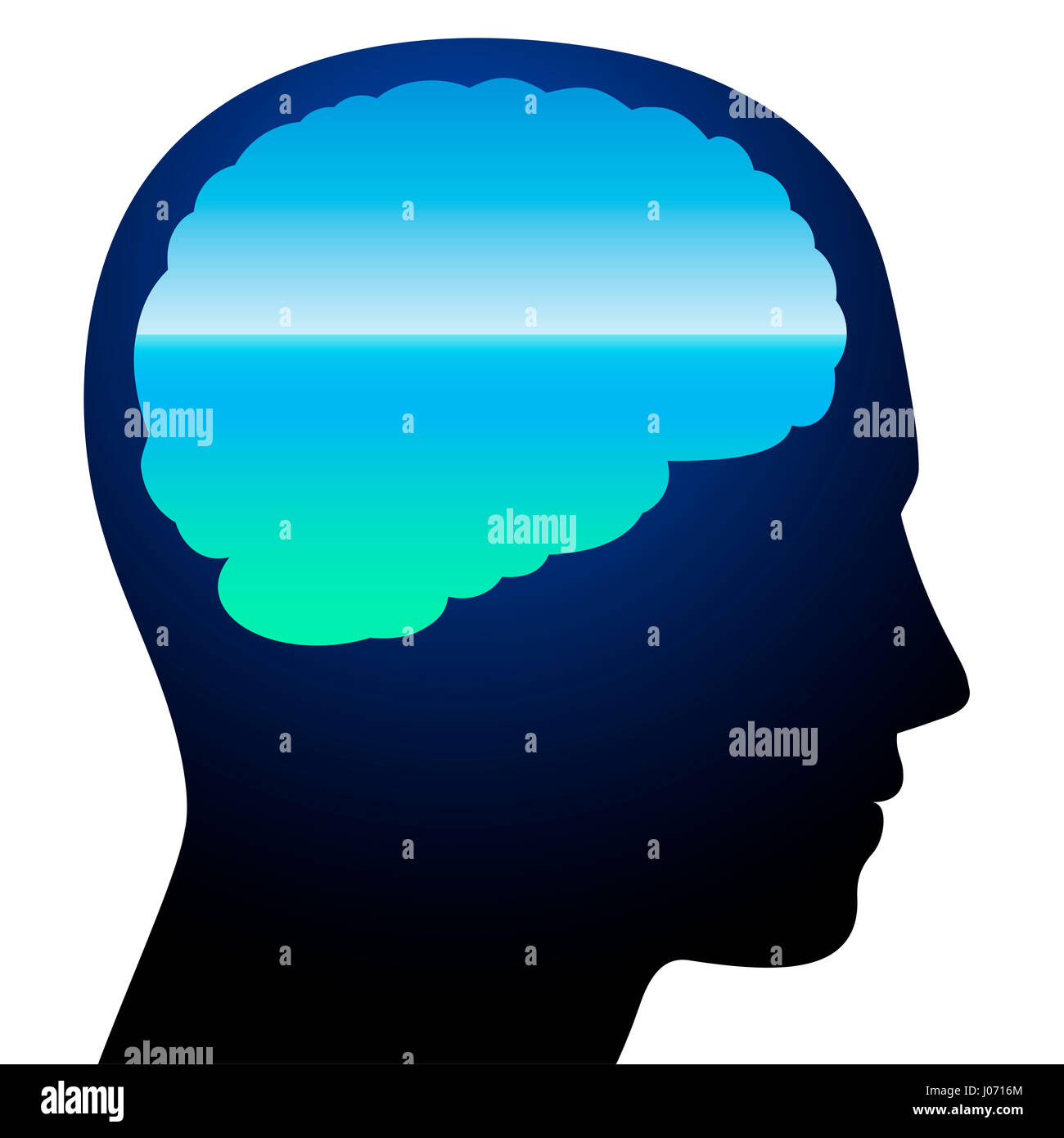 Tranquility - symbolized by a brain with relaxing calm blue ocean vision meditation. Isolated illustration on white background. Stock Photo