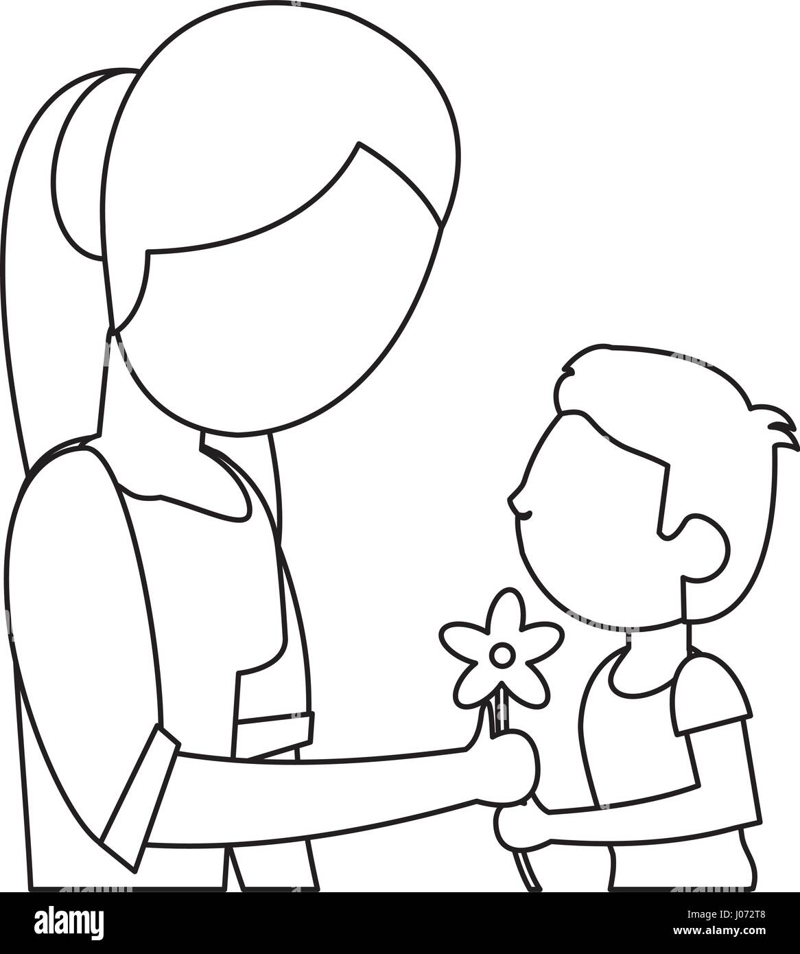 Son Give Flower Mother Outline Stock Vector Art Illustration