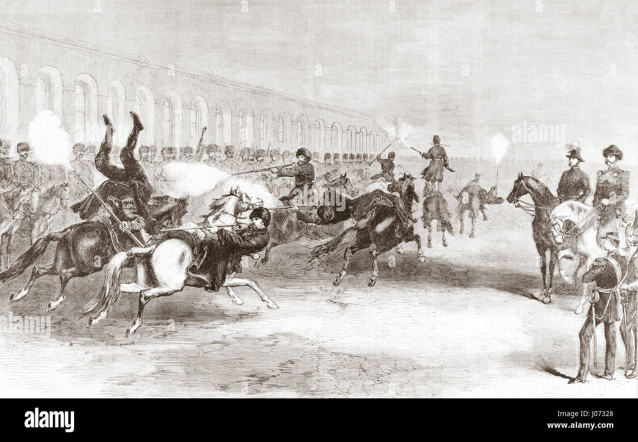 Military excercises of the Circassian Cavalry in the 19th century.  From L'Univers Illustre published 1867. Stock Photo