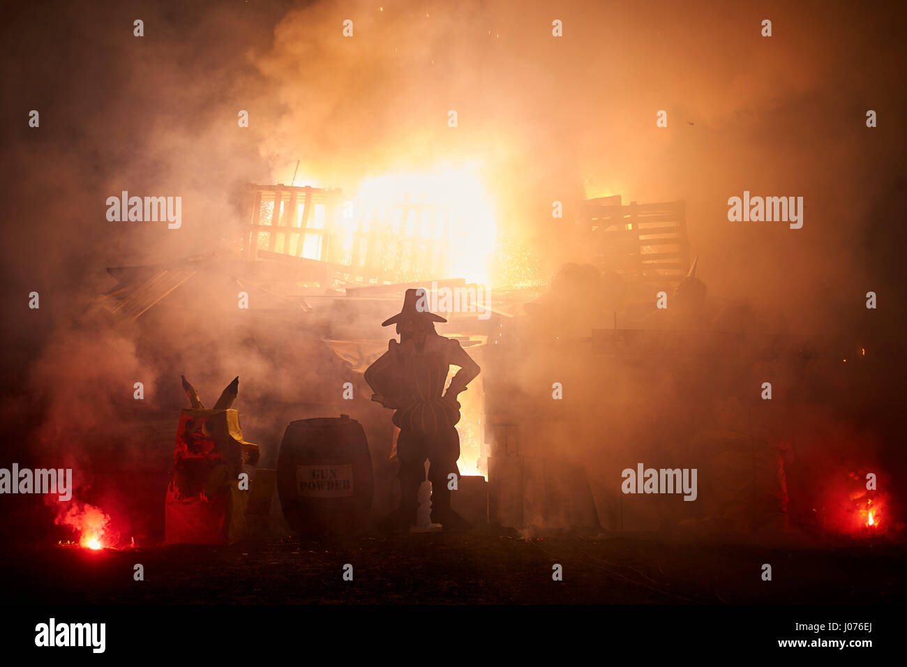 Lighting of the bonfire at Wallingford firework display on the Kinecroft for Guy Fawkes Night. Stock Photo
