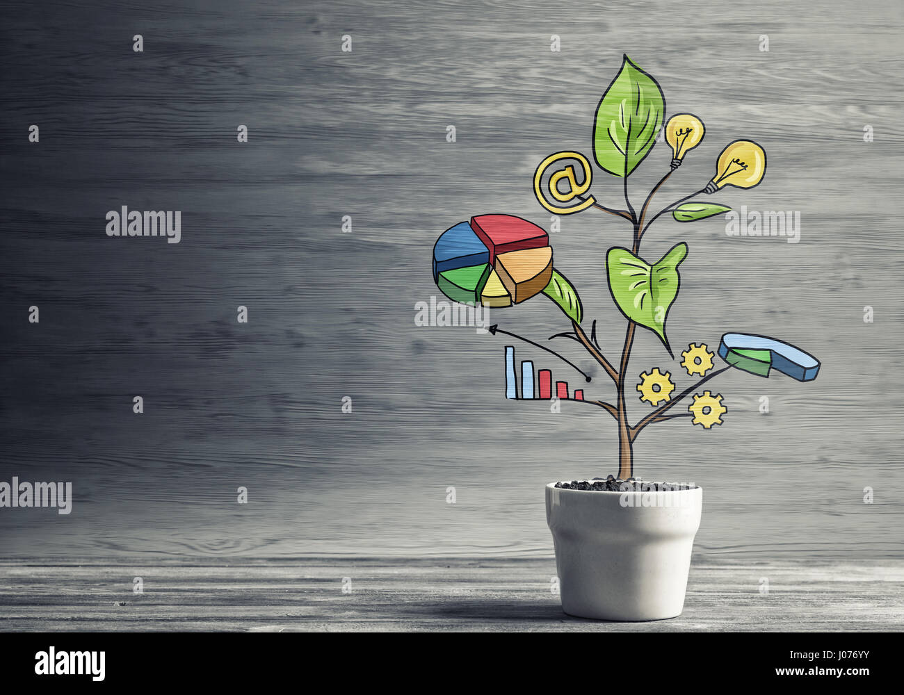 Drawn income tree in white pot for business investment savings and ...