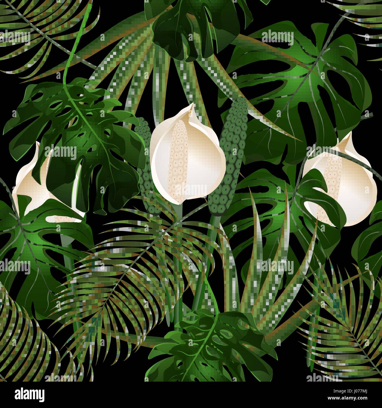 Jungle. Thickets of tropical palm leaves. Three flowers and monster ...