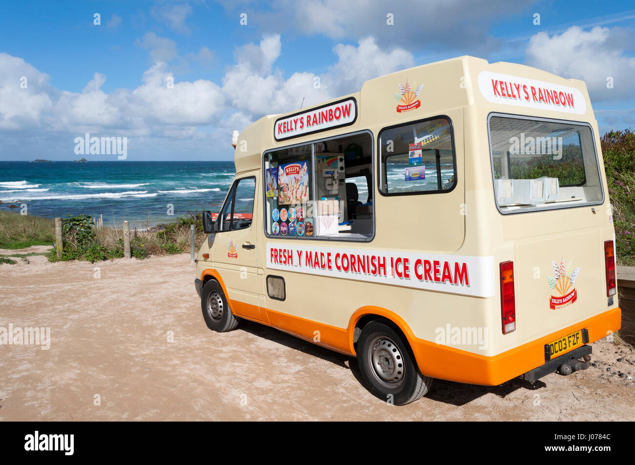 A Kellys ice cream van near the beach at Constantine bay in Cornwall, England, UK. Stock Photo