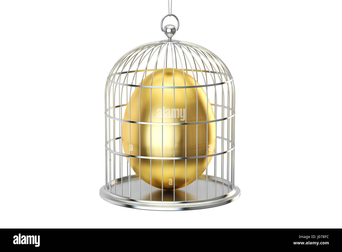 Birdcage with golden egg inside, 3D rendering isolated on white background Stock Photo