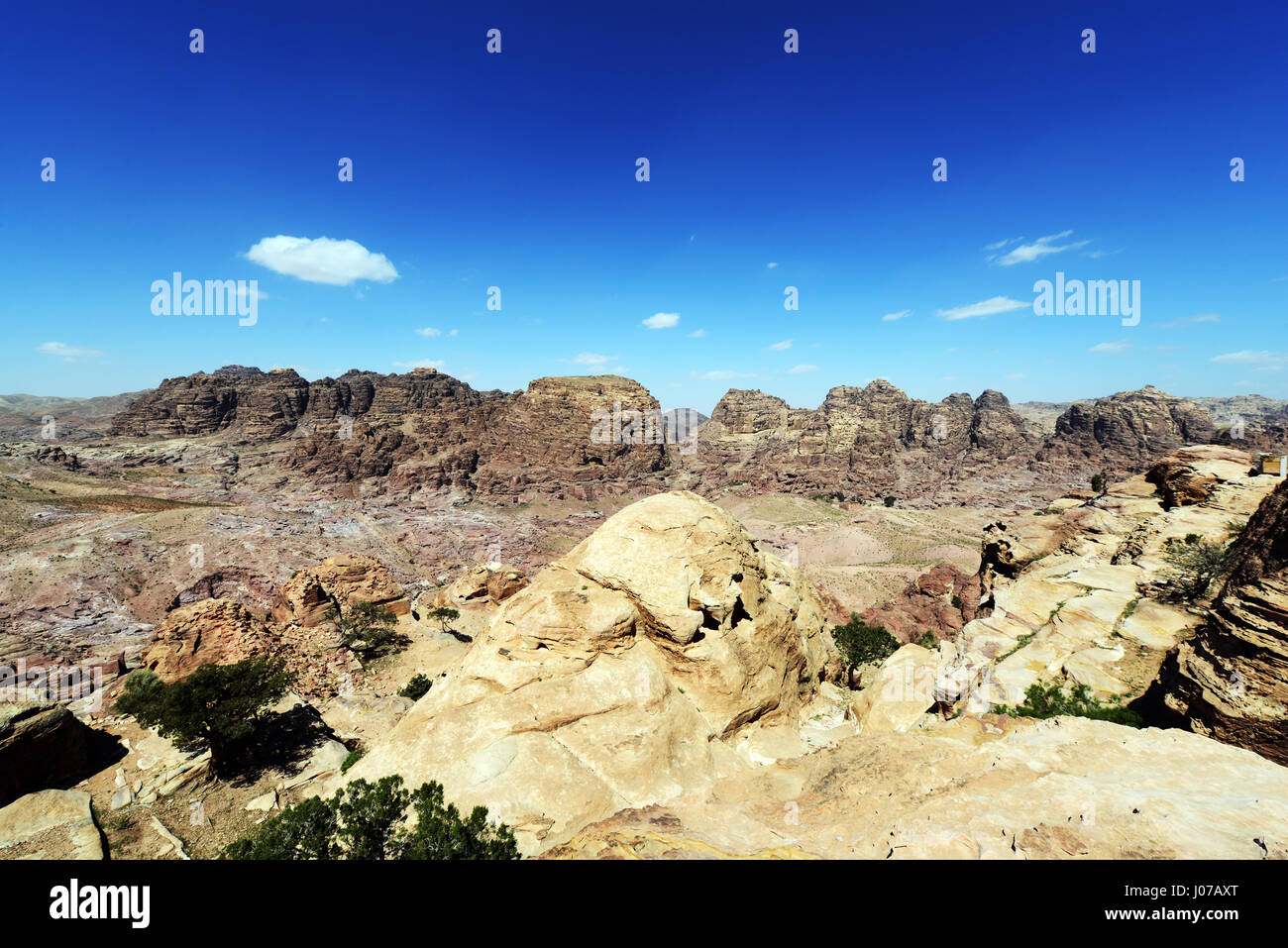 Beautiful desert landscapes as seen from the  High Place of Sacrifice in Petra, Jordan. Stock Photo