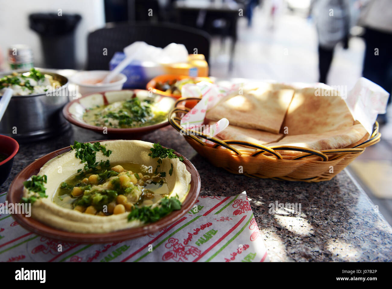 Traditional Jordanian breakfast Hummus, Falafel and Pita bread served