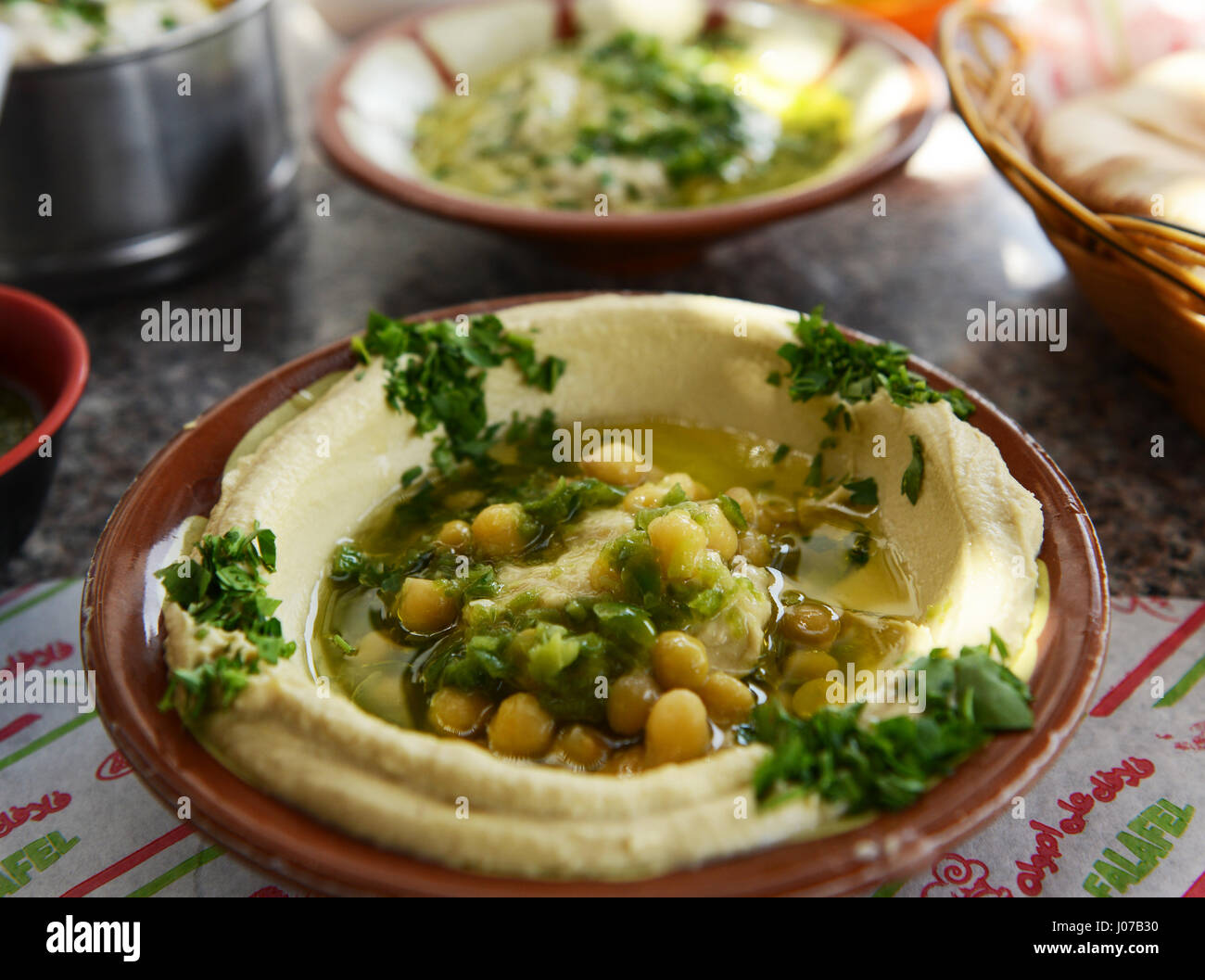 Traditional Jordanian breakfast Hummus, Falafel and Pita bread served