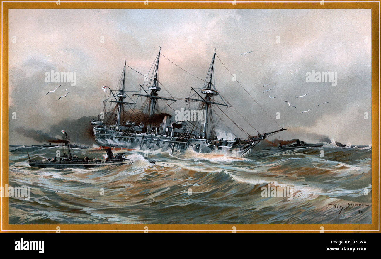 This 1894 chromo-lithograph by Willy Stöwer depicts the Imperial Navy’s ship Blücher and torpedo boats in rough seas, emphasizing naval power and the history of military ships. Stock Photo