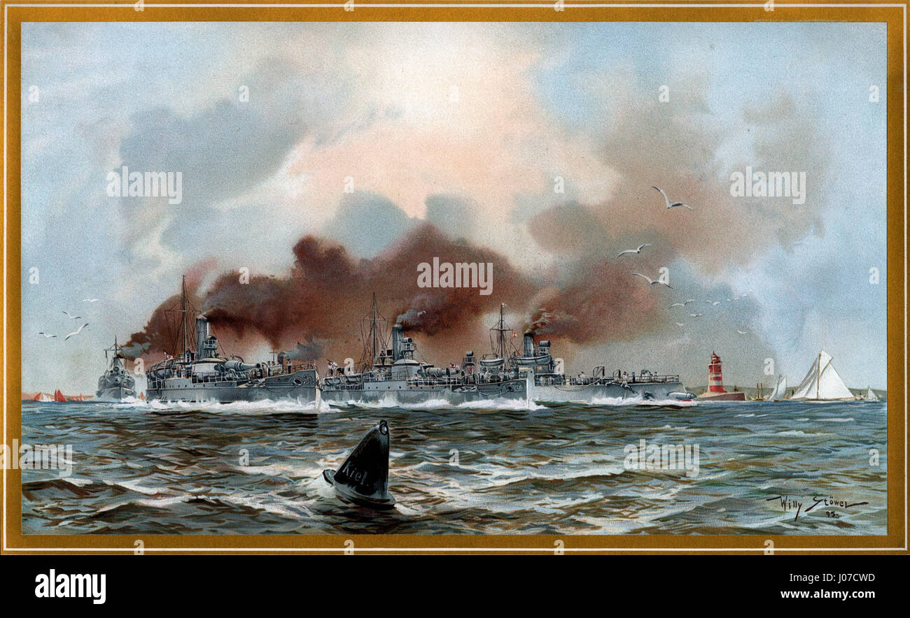 This chromo-lithograph by Willy Stöwer depicts the Imperial German Navy’s gunboats Urminius and Panzerkanonenboote at Friedrichsort in 1895, part of a naval series from 'Unsre Kriegsflotte'. Stock Photo