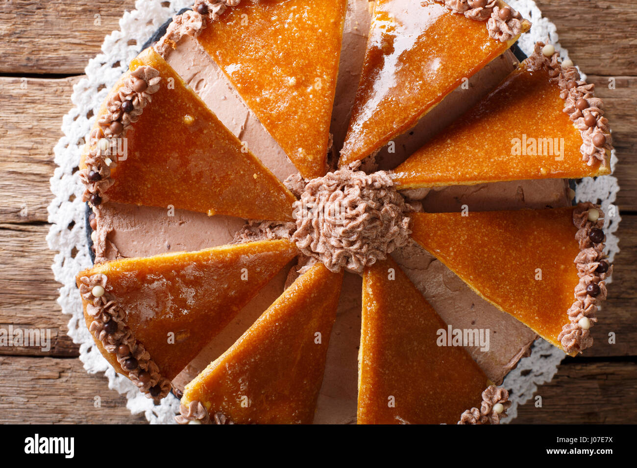 Traditional Hungarian Dobosh cake with caramel decoration macro on a plate. horizontal view from above Stock Photo