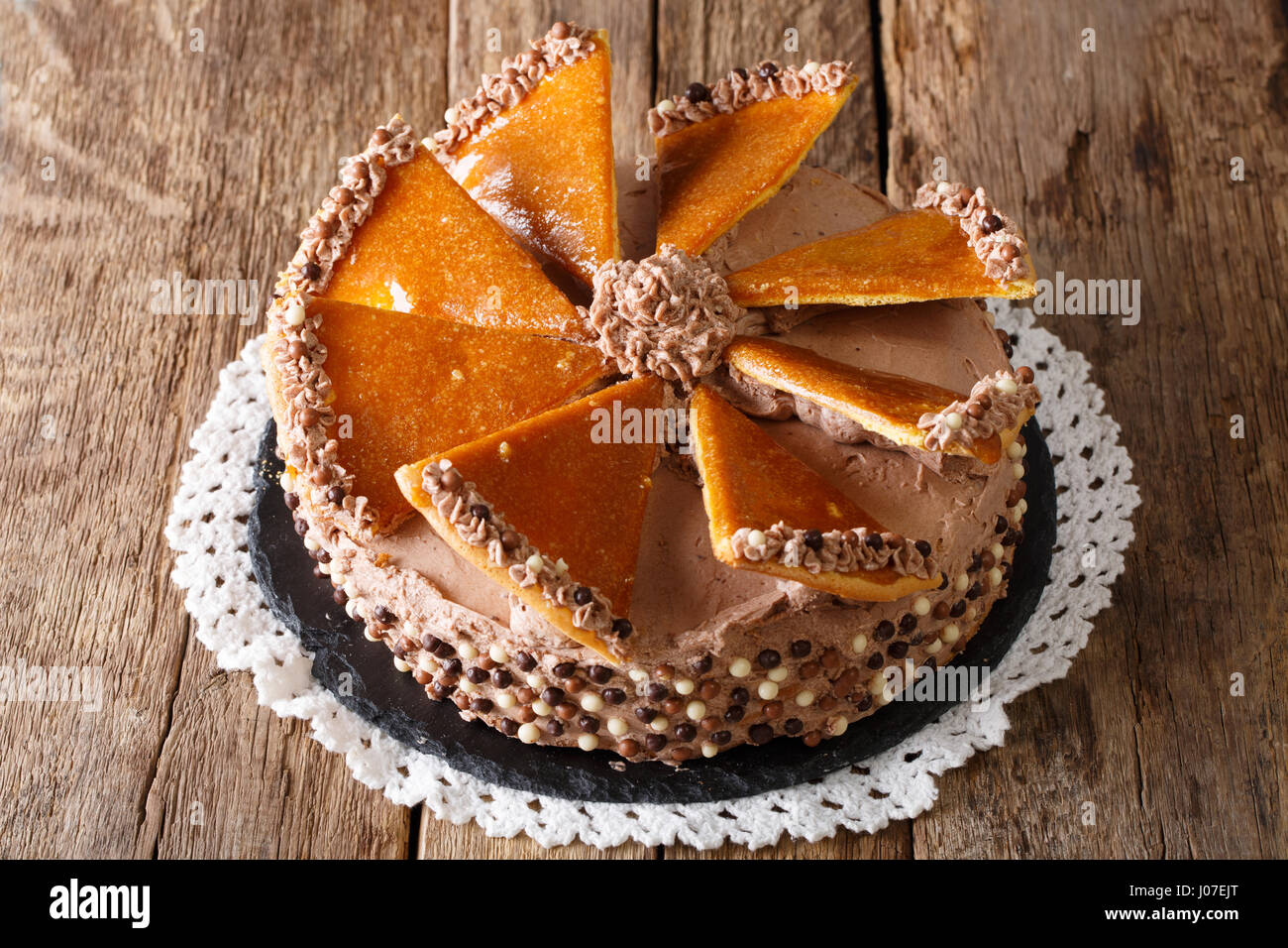 Hungarian Dobosh torte with caramel and butter cream close-up on the table. horizontal Stock Photo
