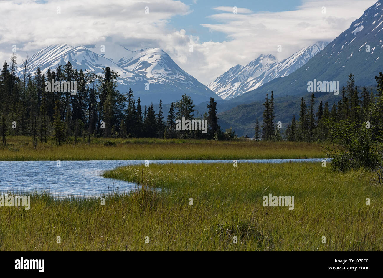 A wide stream flows through a field of marsh grass towards the distant snow-capped Keani Mountains in South Central Alaska. Stock Photo