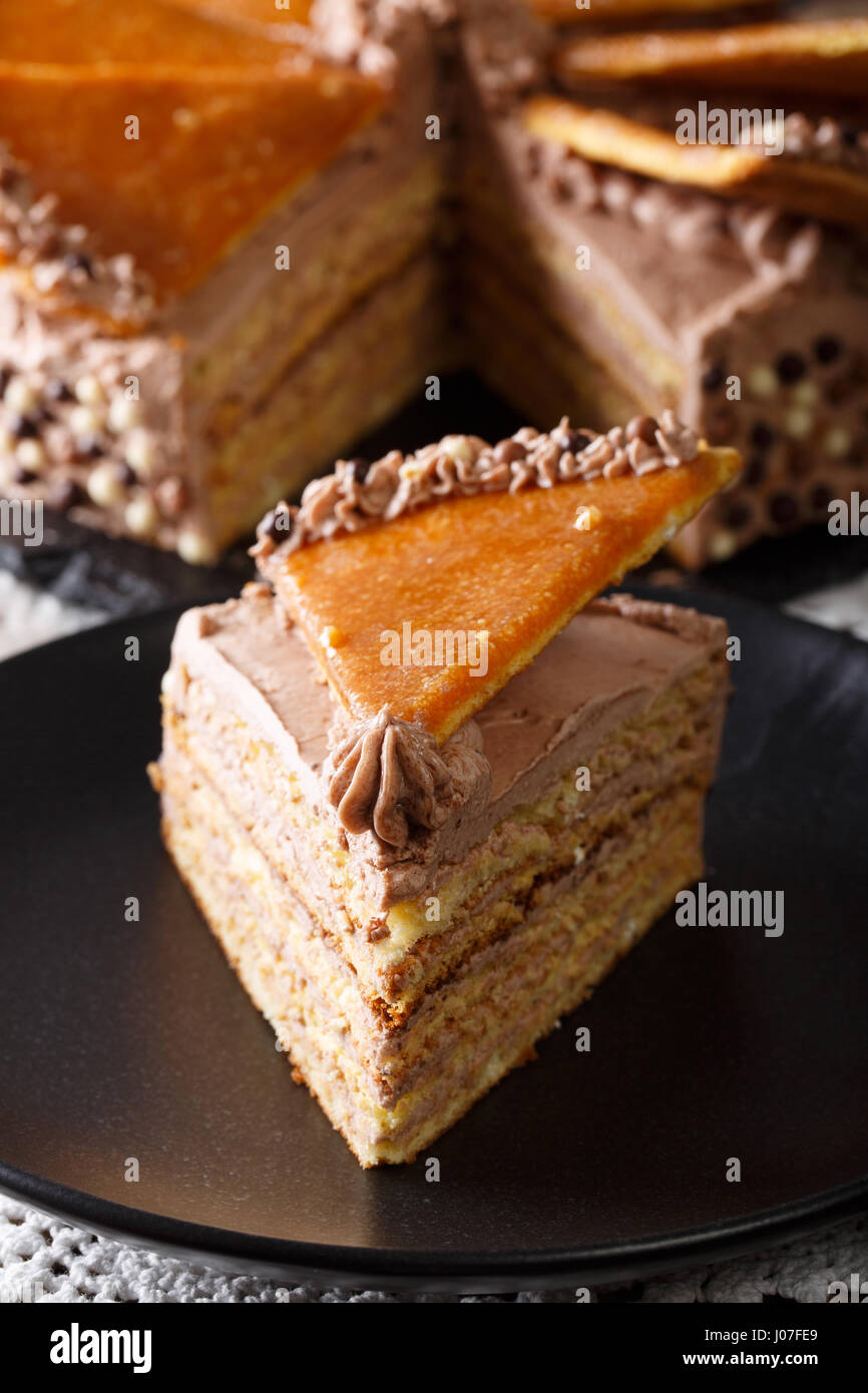 Slice of Hungarian Dobosh cake closeup on table. vertical Stock Photo