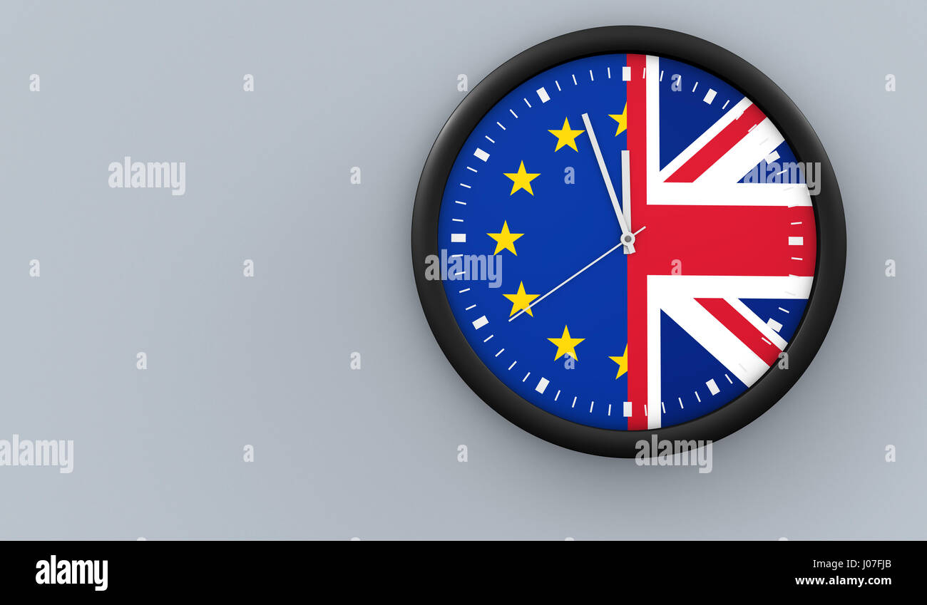 Brexit UK exit from EU negotiation process concept with Union Jack and European Union flag on a clock 3D illustration. Stock Photo