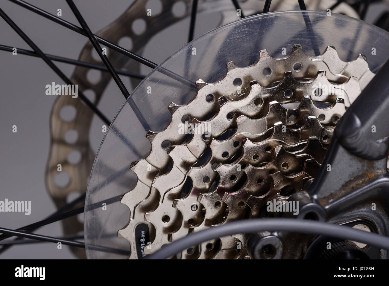 Close up of a gear cassette on a bicycle. Stock Photo